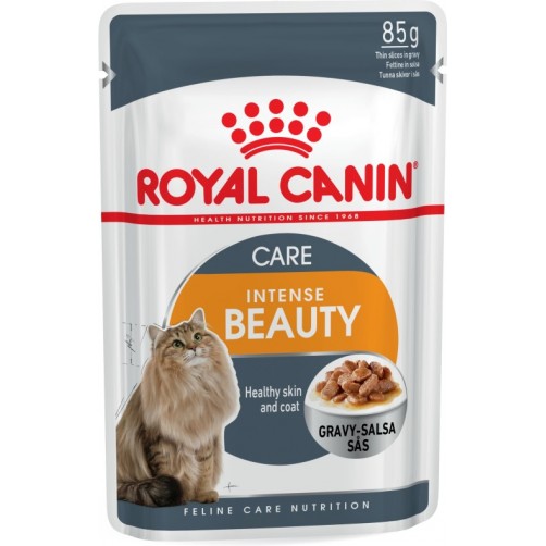  پوچ رویال کنین مخصوص گربه بالغ در آب گوشت  برای زیبایی پوست و مو / 85 گرمی/ Royal Canin Intense Beauty